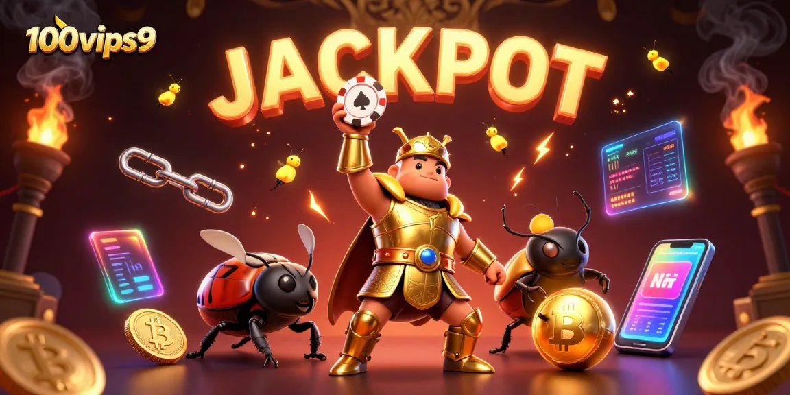 Bet on impressive wins with the 100vips9 beatle hero showcasing victory in a vibrant casino scene.