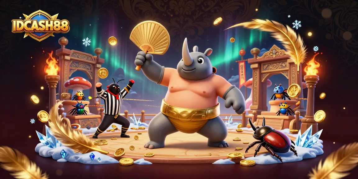 Engage with IDCASH88 in this vibrant casino scene featuring a beetle sumo champion and dynamic gambling elements.