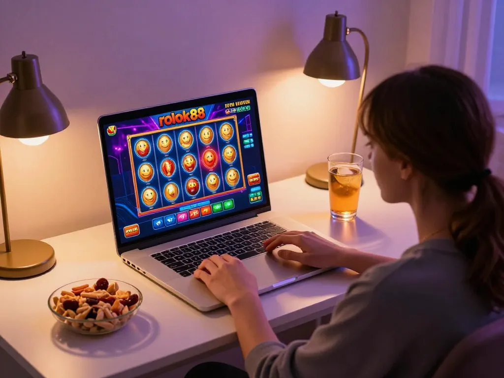 Pemain yang terlibat menjelajahi permainan slot rokok88 di laptop dalam pengaturan permainan rumah yang nyaman