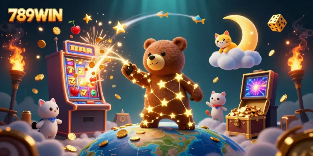Experience the excitement of 789WIN with a vibrant 3D illustration of a constellation bear and dazzling casino elements.
