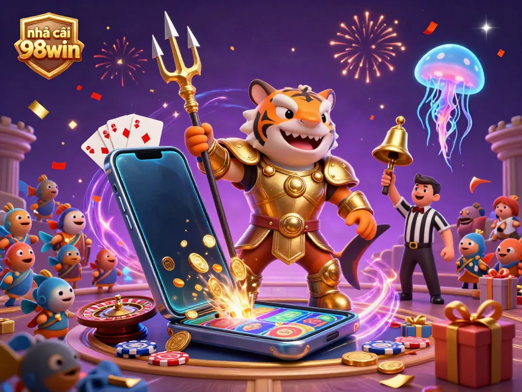 Join the excitement at nhà cái 98win with a vibrant underwater gaming scene featuring colorful slot action and engaging characters.