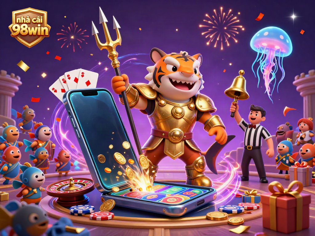 Join the excitement at nhà cái 98win with a vibrant underwater gaming scene featuring colorful slot action and engaging characters.