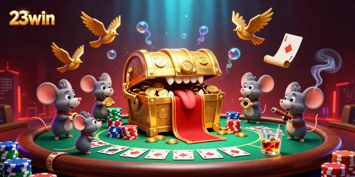 Engage with 23win's captivating gambling adventure featuring a treasure chest and poker elements.