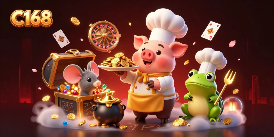 Experience the thrill of C168 with vibrant coins and games in a bustling casino scene.