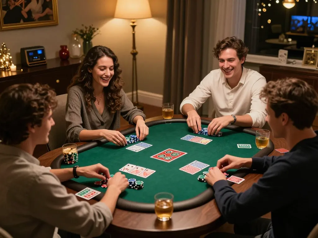 Friends enjoying a lively poker night, strategizing with 789win chips in play amidst warm ambiance.