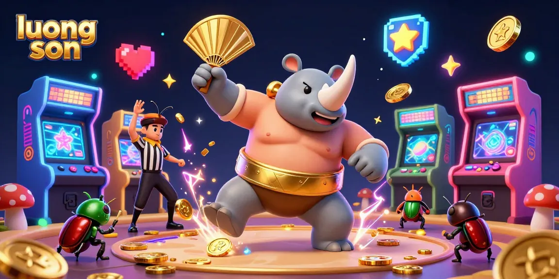 Experience thrilling wins with luong son as the rhinoceros beetle stomps golden coins in a vibrant gaming scene.