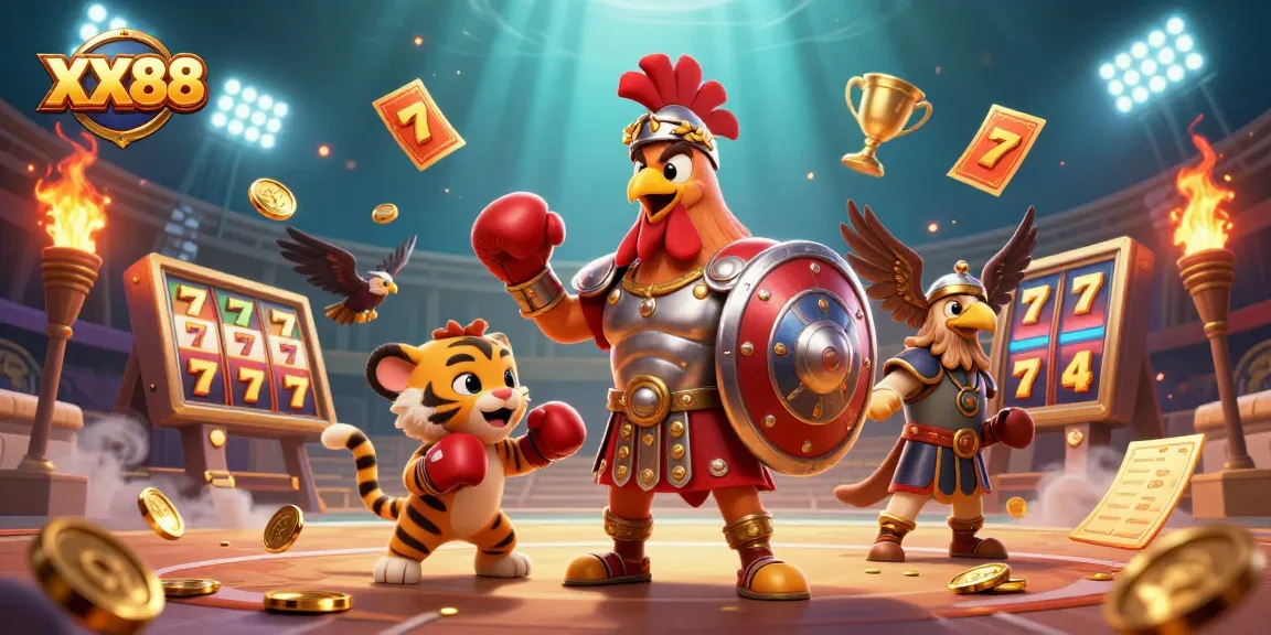 Experience excitement with XX88 as a 3D rooster gladiator battles amidst vibrant casino slots and golden coins.
