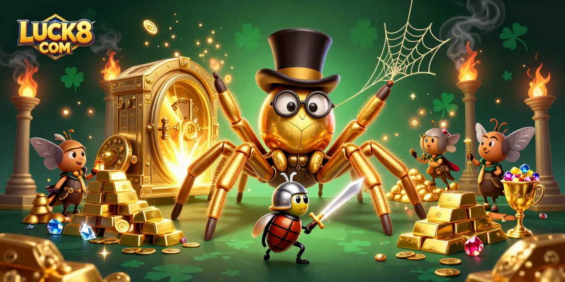 Engage with thrilling gaming at LUCK8 COM featuring vibrant illustrations of a golden tarantula and beetle knight.