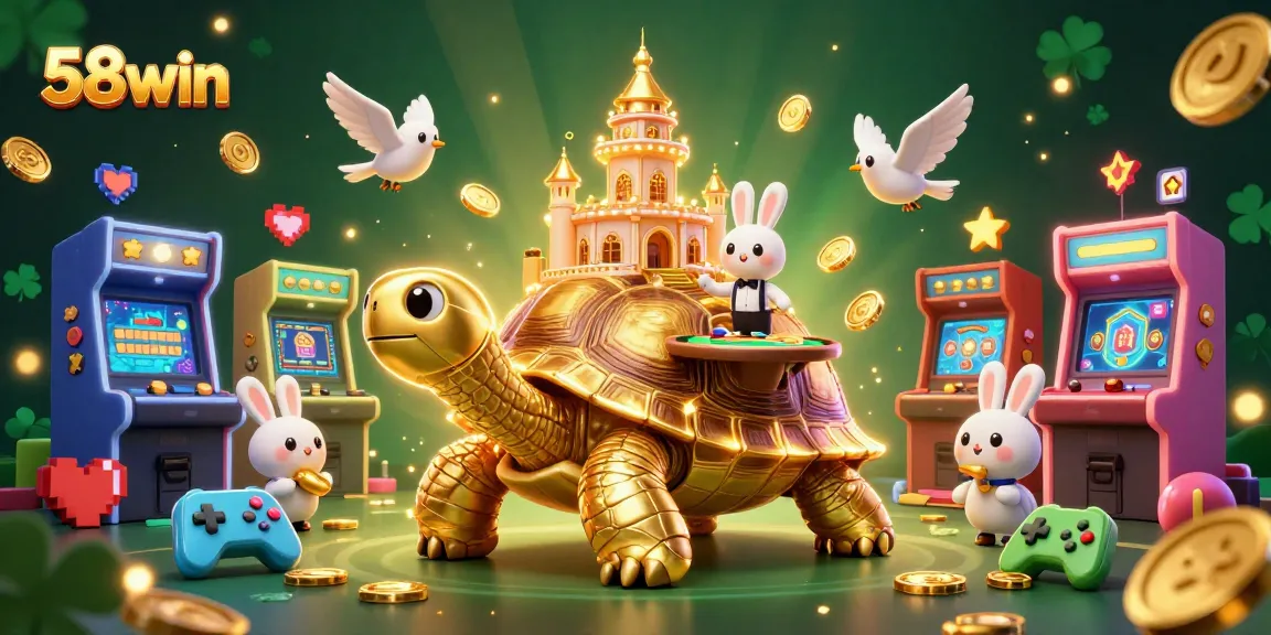 Experience the thrilling 58win casino adventure filled with golden tortoises, vibrant arcade games, and exciting gameplay elements.