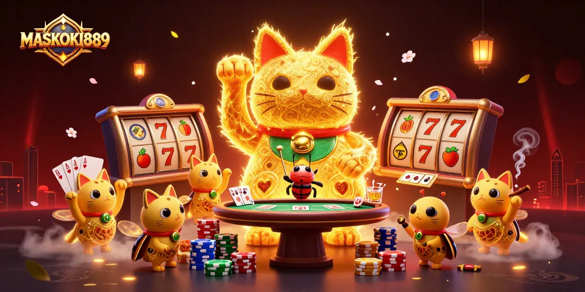 Play at MASKOKI889 with a vibrant scene of a lucky cat formed by fireflies amidst dazzling casino icons.