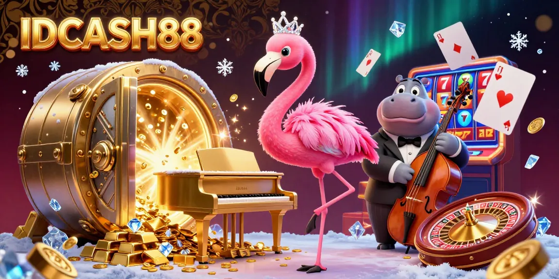 Experience thrilling gaming at IDCASH88 with vibrant characters in a 3D casino scene featuring slot reels.