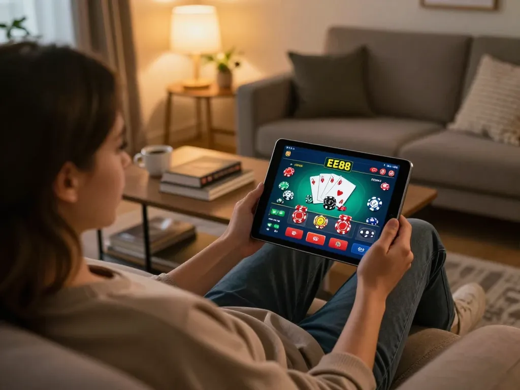 Player engaging with the ee88 online casino app on tablet in a cozy home setting, showcasing gaming action.