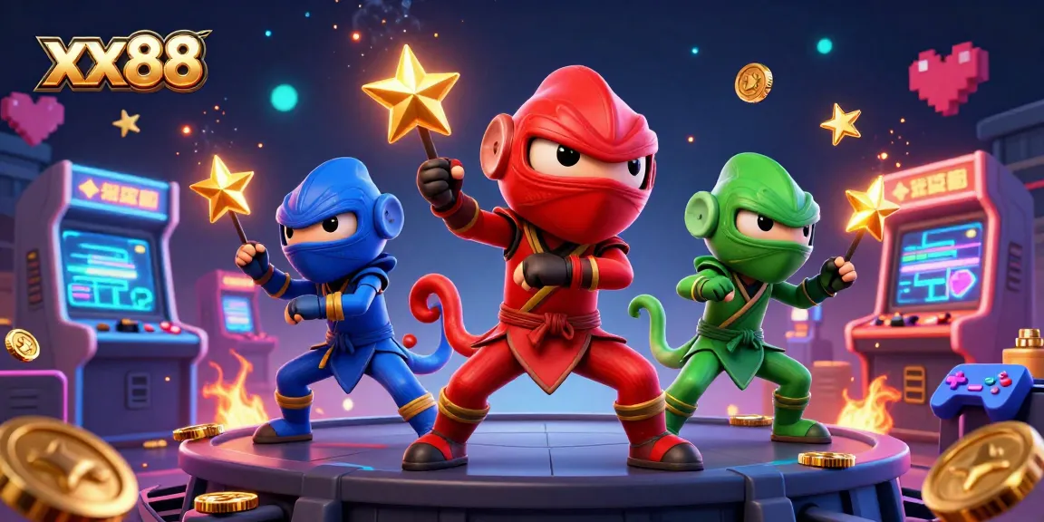 Engage with xx88's vibrant 3D gambling scene featuring chameleon ninjas and arcade games.