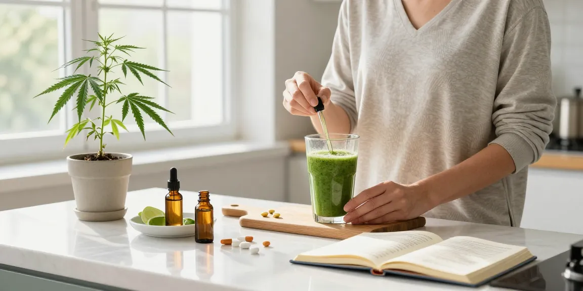 Ministry of Cannabis CBD oil surrounded by wellness essentials in bright kitchen environment.