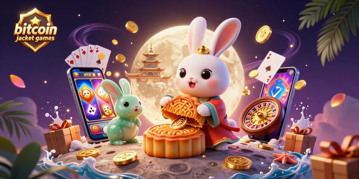 Play exciting bitcoin jackpot games with a vibrant moon rabbit scene filled with casino elements.