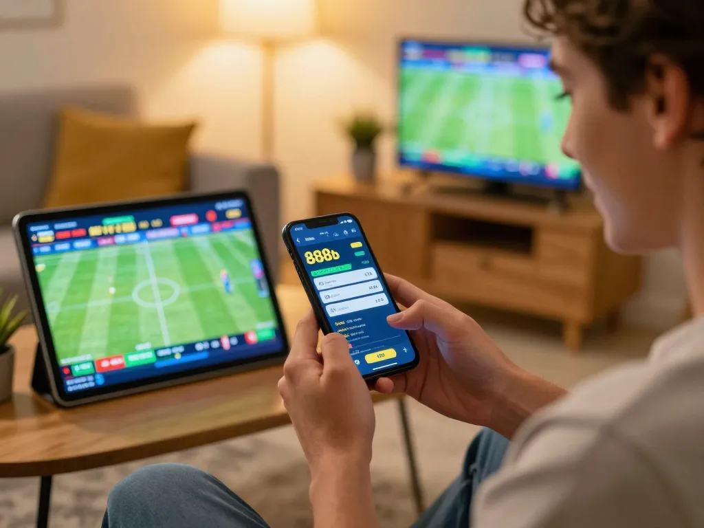 Excited player using the 888b app for live sports betting at home.