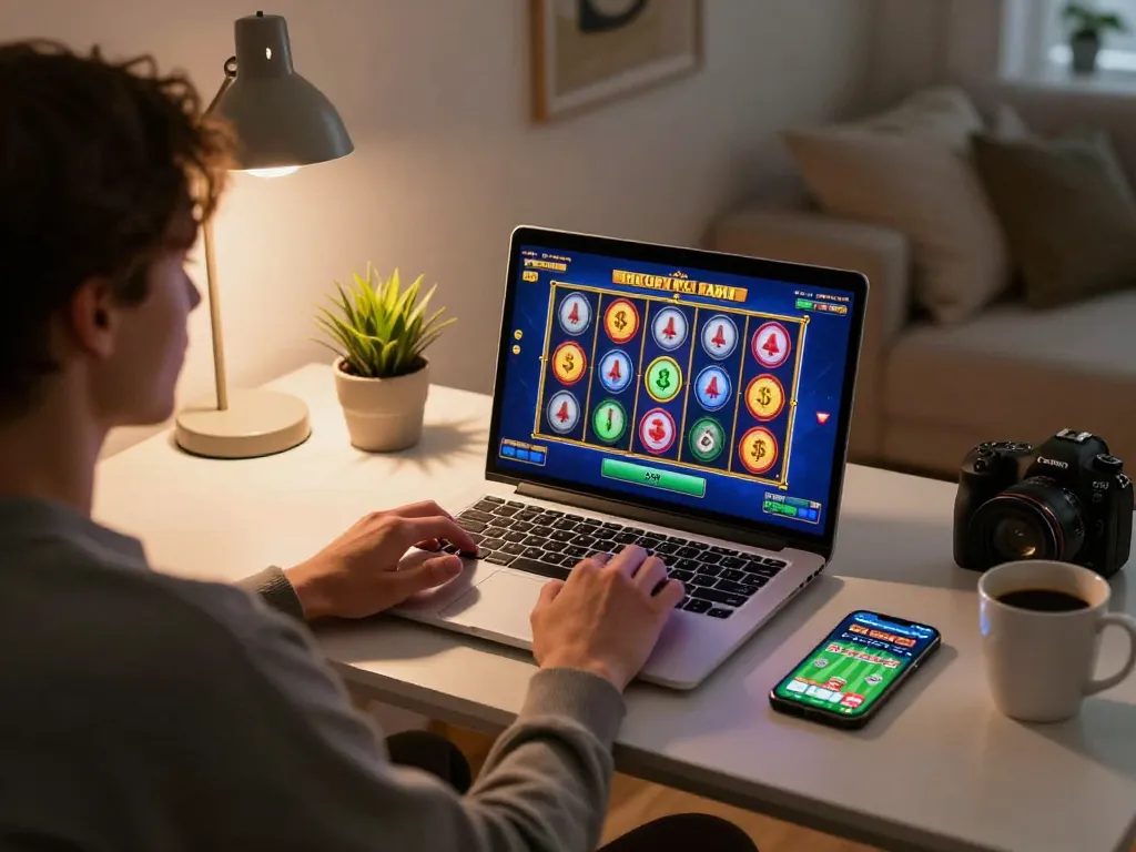 Engaging in situs slot gameplay on a laptop with vibrant spinning reels and casual home setup.