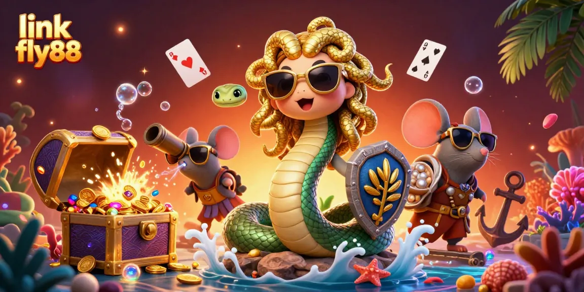 Spin the reels for big wins with link fly88, showcasing thrilling gaming with vivid characters and treasures.