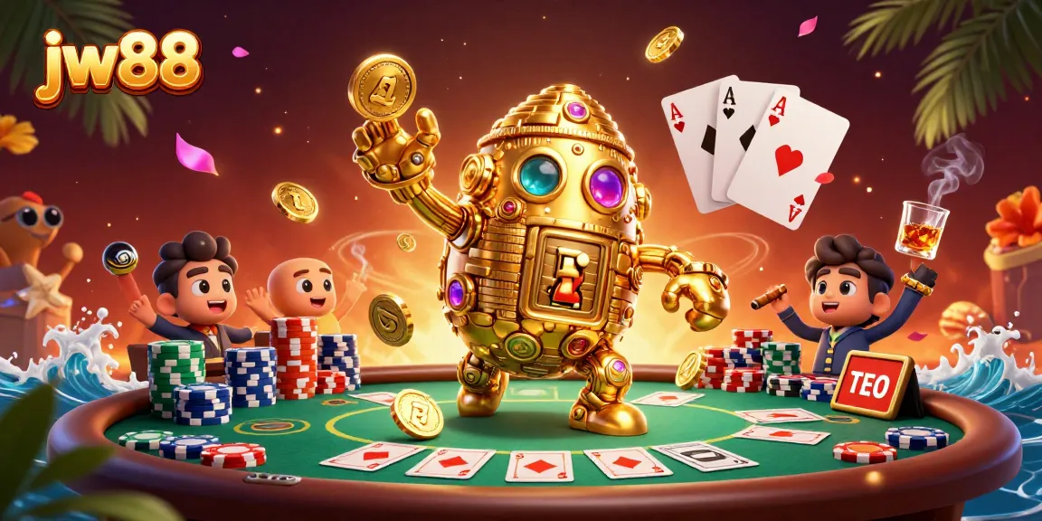Engage in thrilling gameplay with jw88, featuring a golden golem, poker elements, and vibrant casino atmosphere.