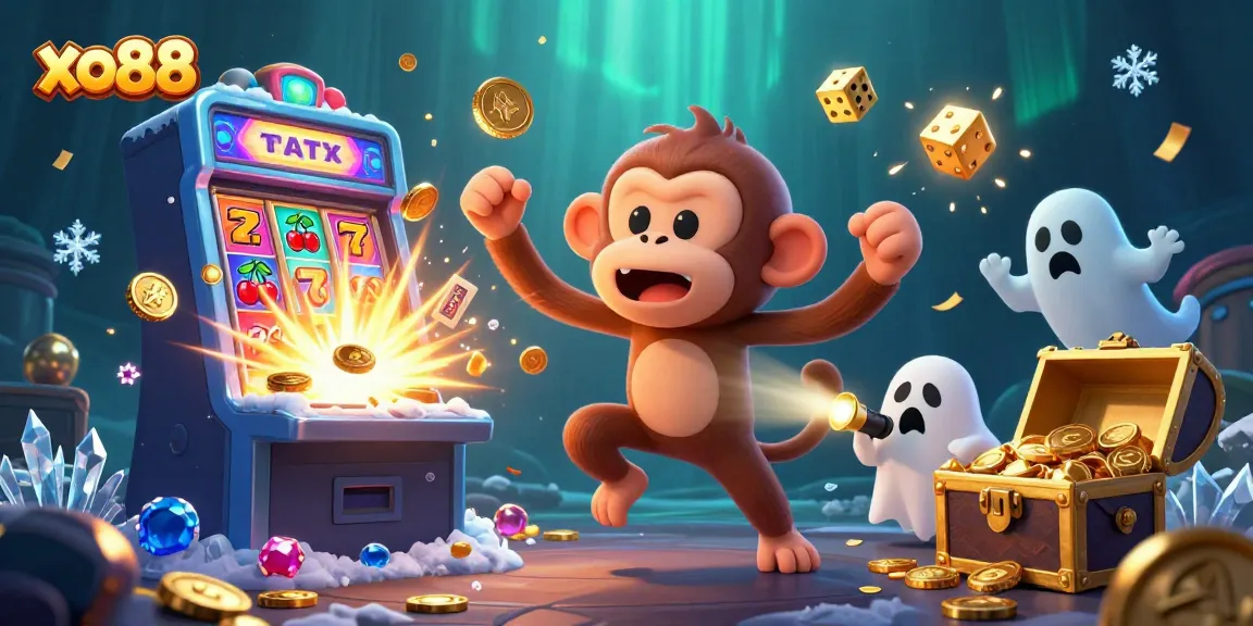 xo88 features a playful poltergeist monkey juggling golden objects in an exciting casino space.