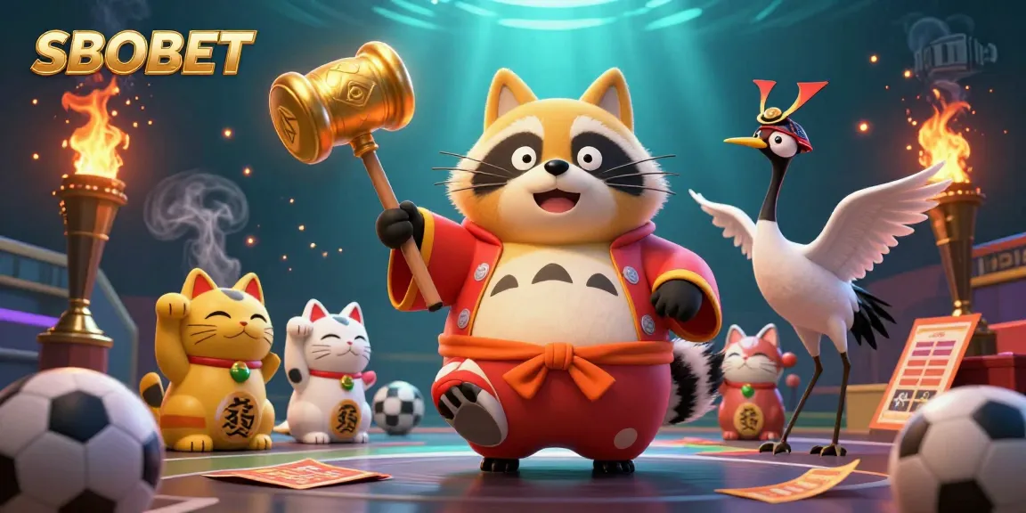SBOBET offers dynamic sports betting action featuring vibrant characters and collectible elements in a lively illustration.
