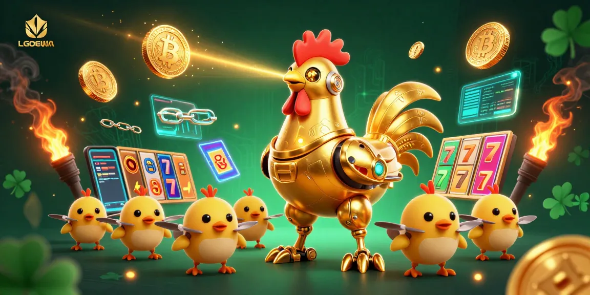 Engage with LGODEWA's exciting slots featuring vibrant golden rooster robot and cryptocurrency elements.