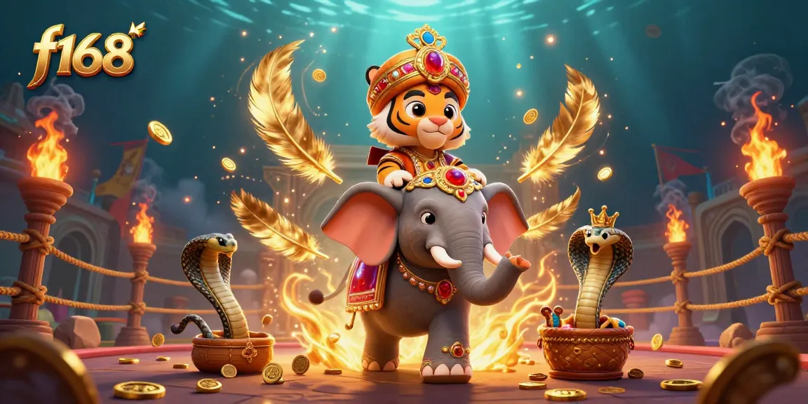 Experience the excitement of f168 with a vibrant casino scene featuring a dynamic tiger, elephant, and rich gaming elements.