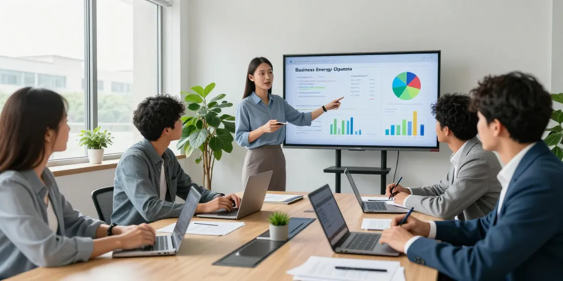Team discussing business energy quotes during a meeting in a modern office.