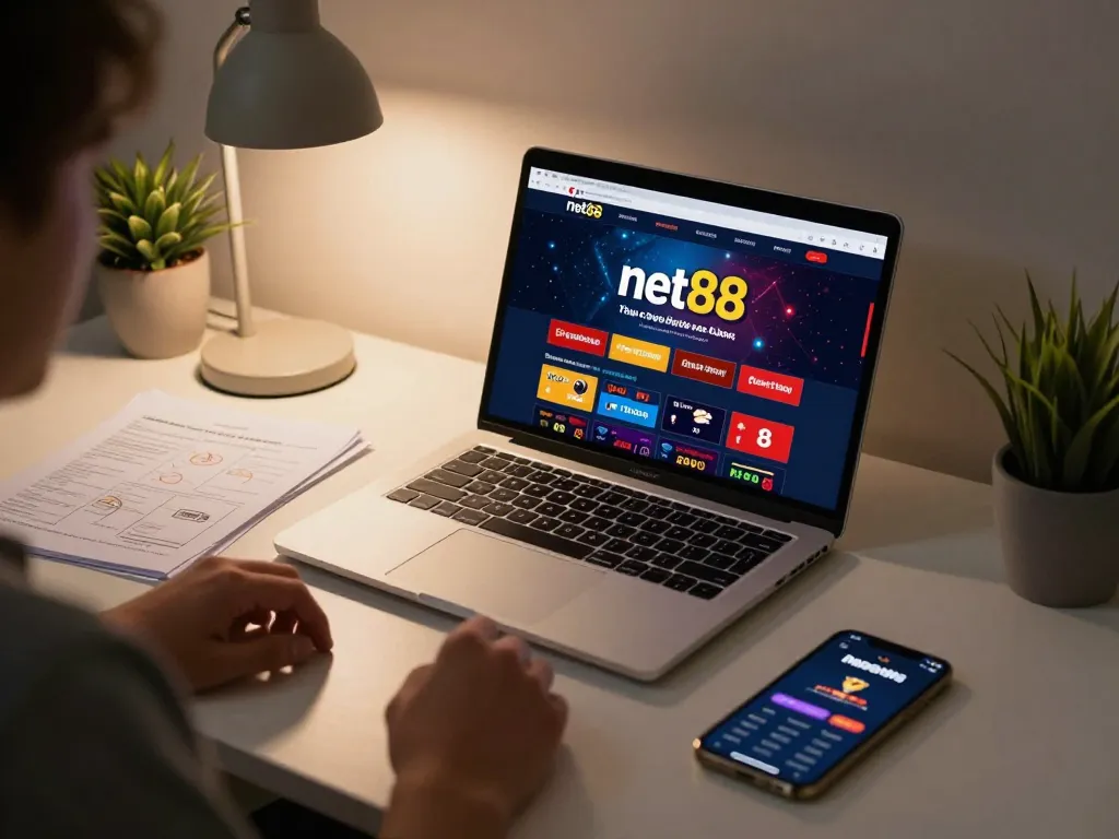 Engaging in strategic betting at net88 online casino with a laptop and smartphone on a cozy desk setup.