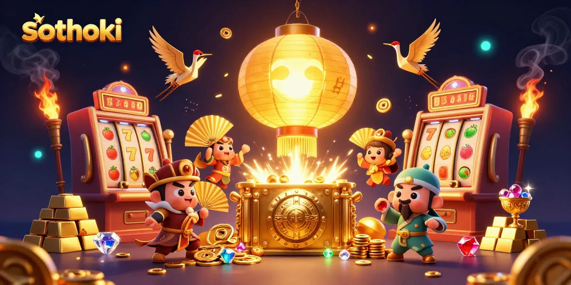 Slot hoki dengan simbol keberuntungan dan karakter unik di kasino malam yang menawan
