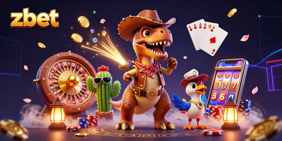 Zbet enhances gambling fun with a T-Rex cowboy, casino chips, and roulette action.
