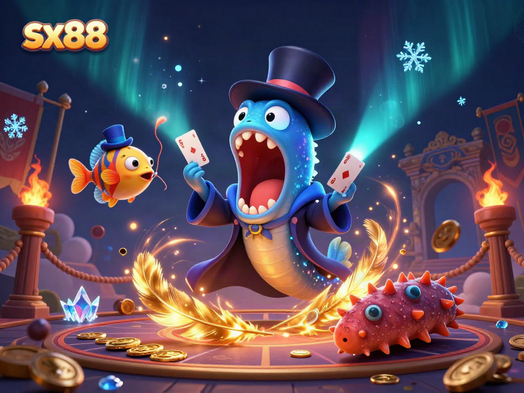 SX88 casino features a bioluminescent eel magician performing tricks, showcasing vibrant gambling elements.