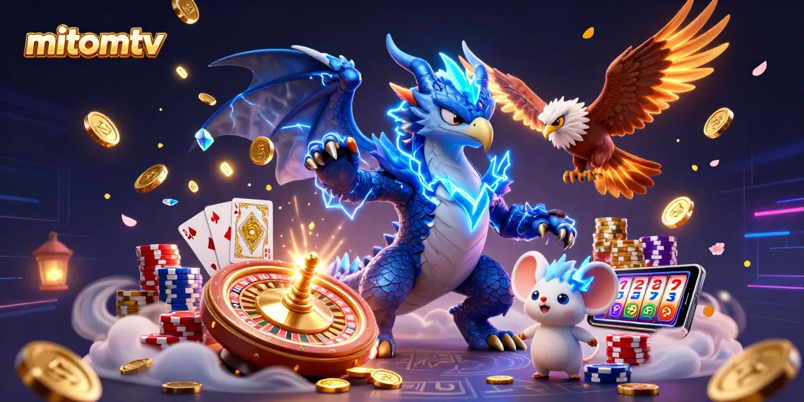 Experience the excitement of mitomtv with a thunder dragon, hawk, and mouse mascot amid golden coins and roulette.