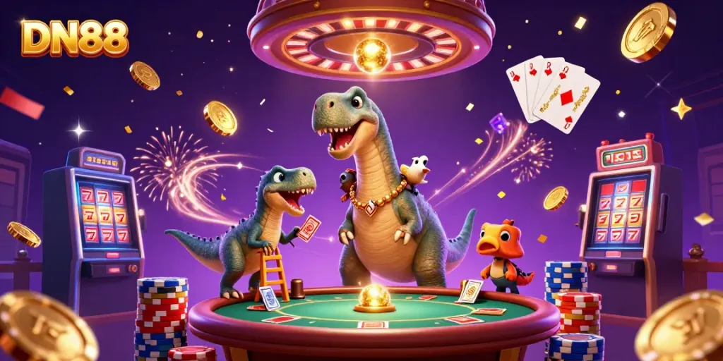 Experience the thrill of DN88 in a vibrant casino scene featuring a 3D brontosaurus, colorful coins, and excitement all around.
