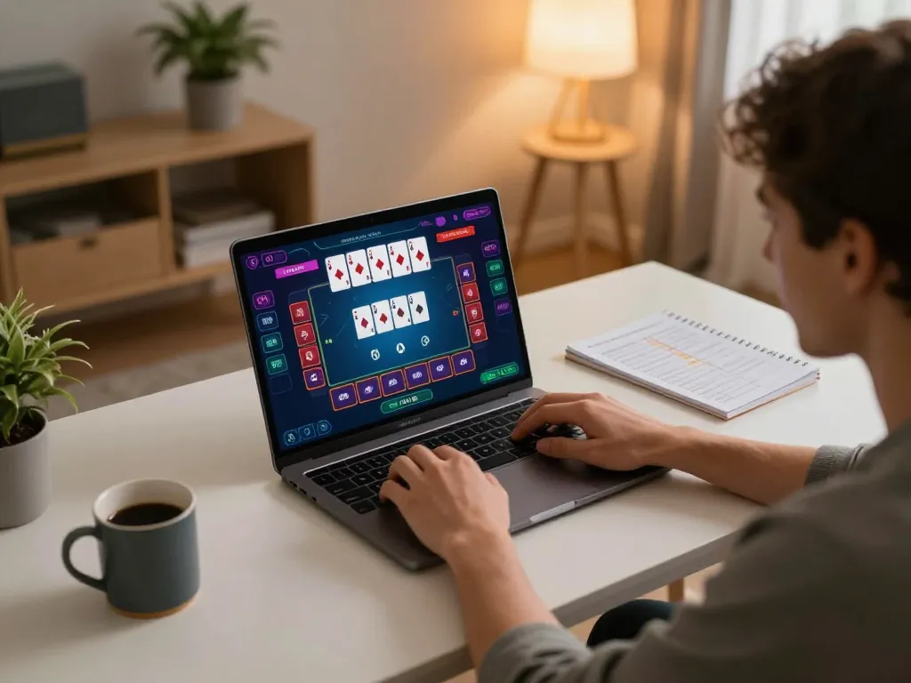 Engaging online gaming experience at xin88, showcasing a cozy home setup with poker interface and strategic notes.