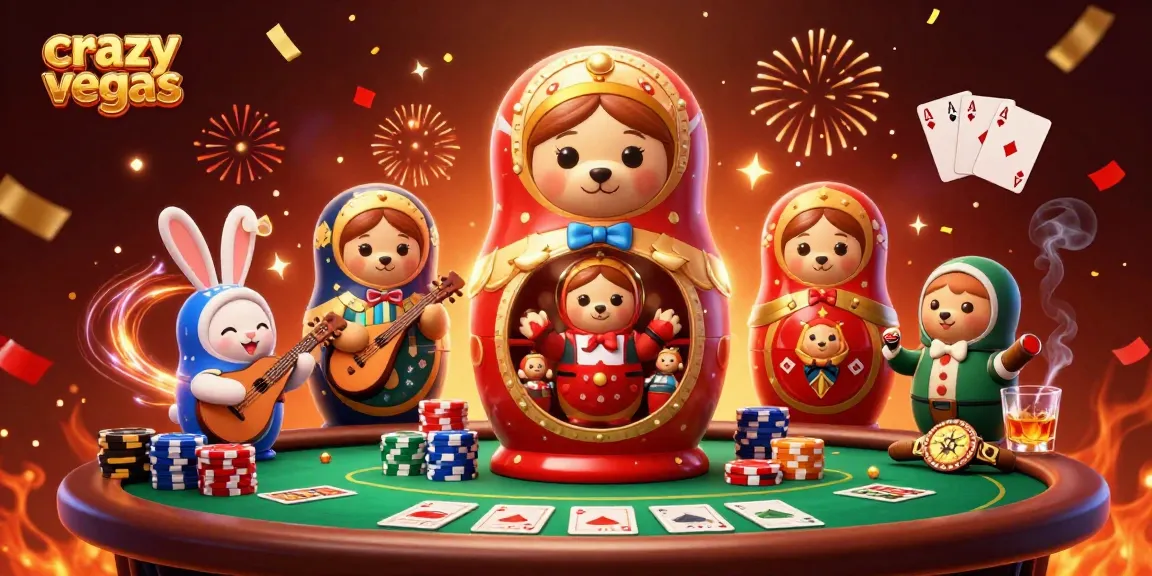 Engage with crazyvegas in a colorful casino scene featuring cartoon characters and poker elements.