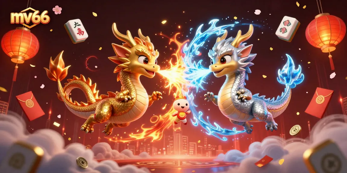 Engage with mv66's thrilling gaming scenes featuring golden and silver dragons amid iconic casino elements.