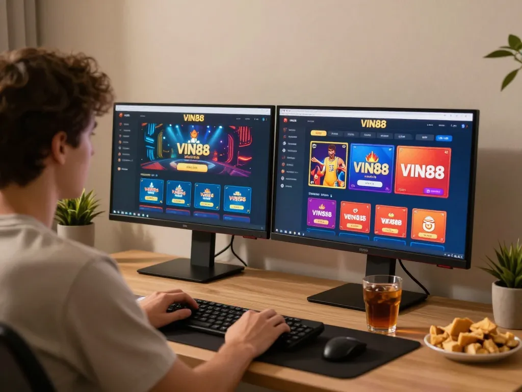 Engage in a thrilling online gaming experience with VIN88 app displayed on screen and modern setup.
