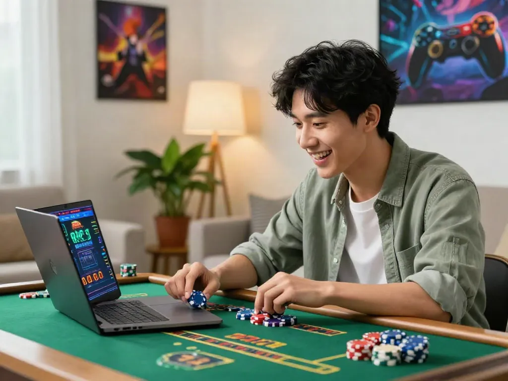 Player enjoying online gaming at https://man88pro.com/ with vibrant chips in a cozy setting.