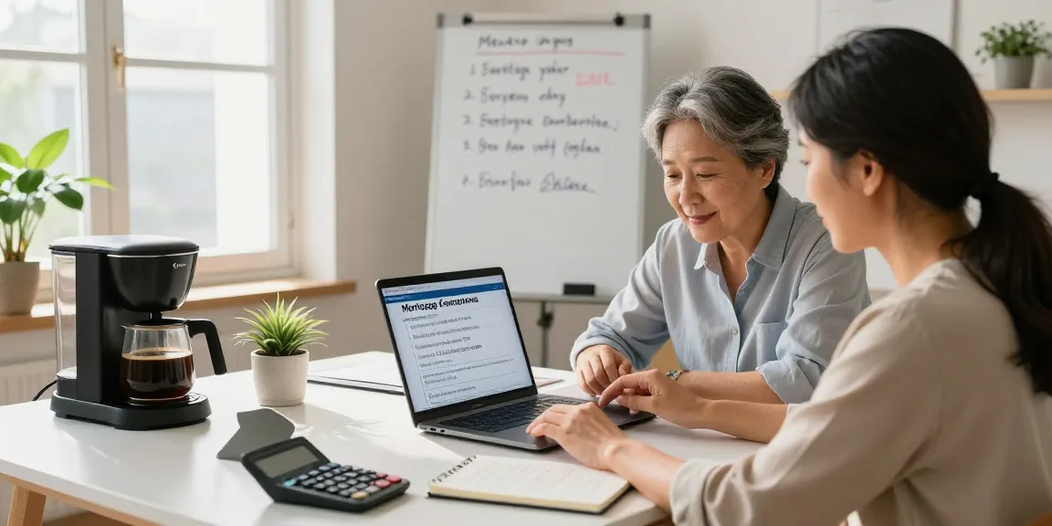 Couple using a comparador hipotecas in a bright home office, reviewing mortgage options together.
