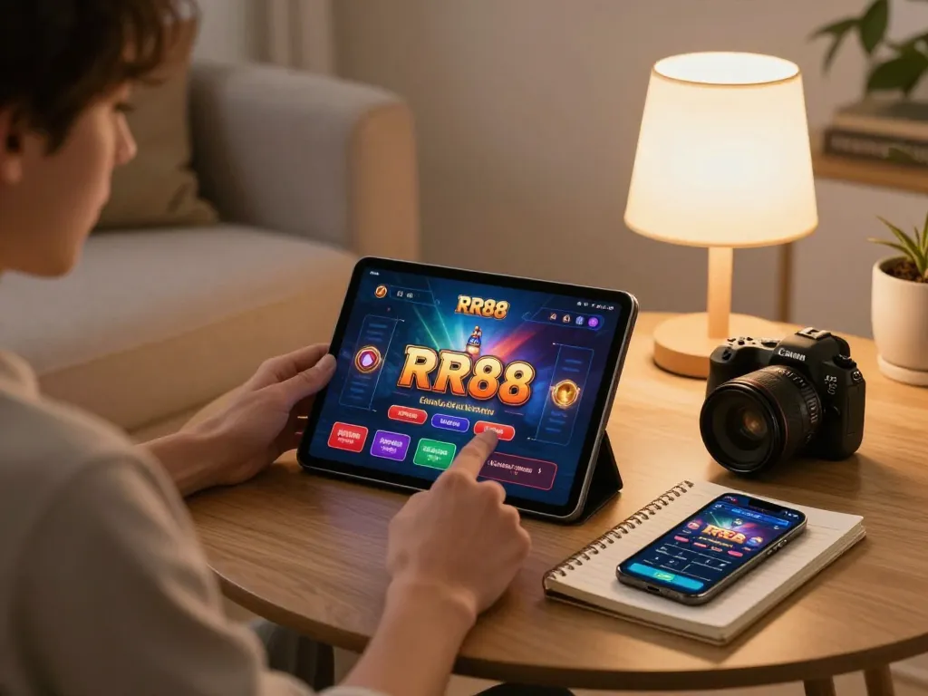 Player exploring RR88 casino app on a tablet in cozy home setting with gaming strategy notes.