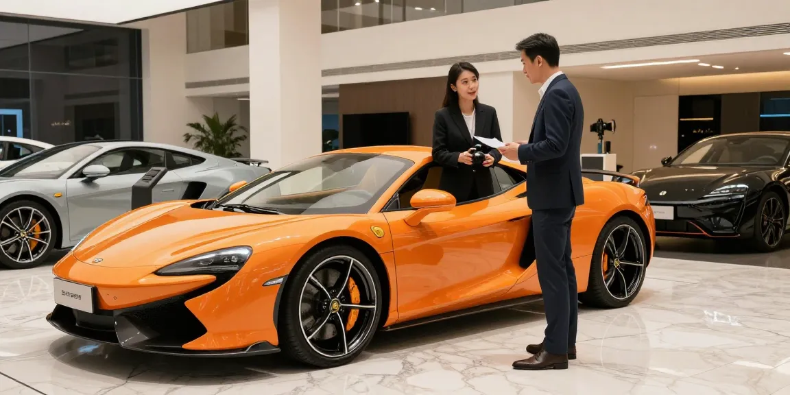 Pengalaman mobil mewah di showroom LUXURY 777 dengan mobil sport berkilau dan perwakilan penjualan profesional.
