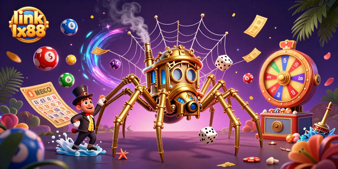Catch exciting wins at link lx88 with a whimsical 3D scene of games, chance, and vibrant elements.