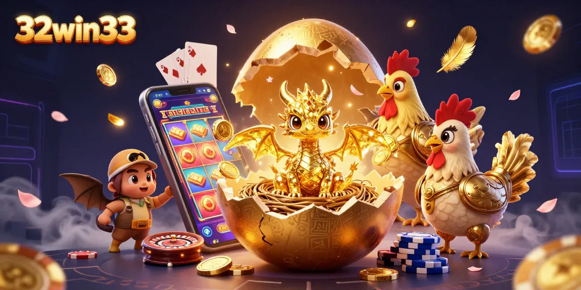 32win33 presents a golden dragon and poker chips in a captivating casino-themed scene, showcasing engaging slot game elements.