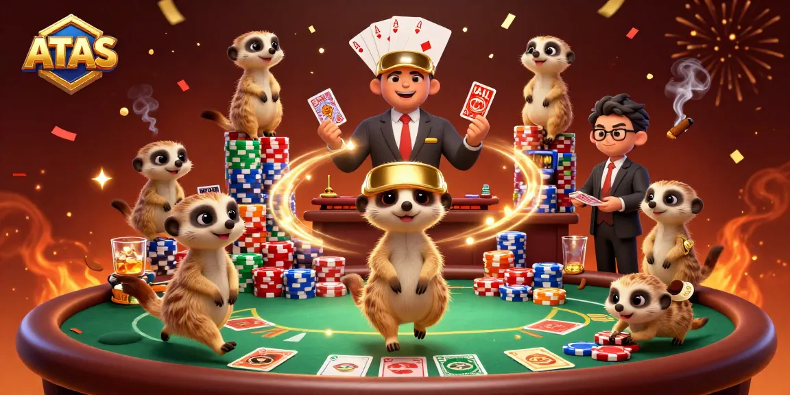 ATAS meerkats orchestrate a vibrant casino scene with poker action and colorful chips.
