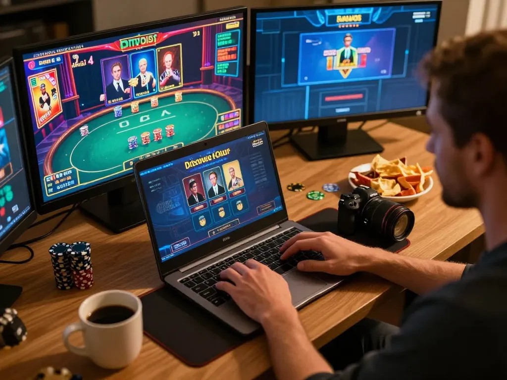 Engaging online casino experience on lc88 with vibrant game interfaces and cozy home setting