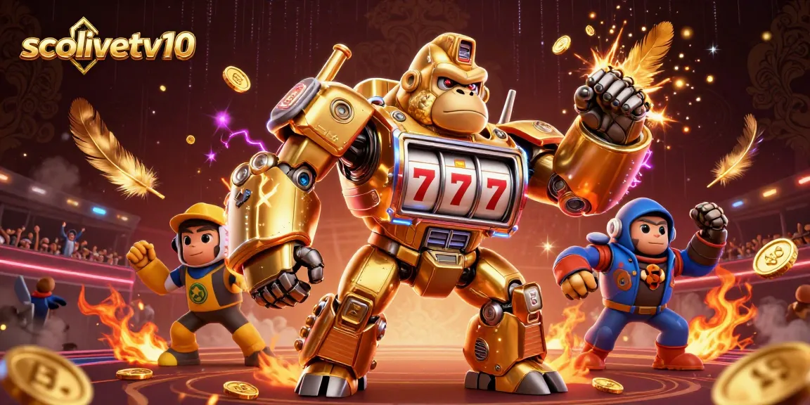 Socolivetv10 sports betting illustration featuring a golden gorilla mech and vibrant betting elements.