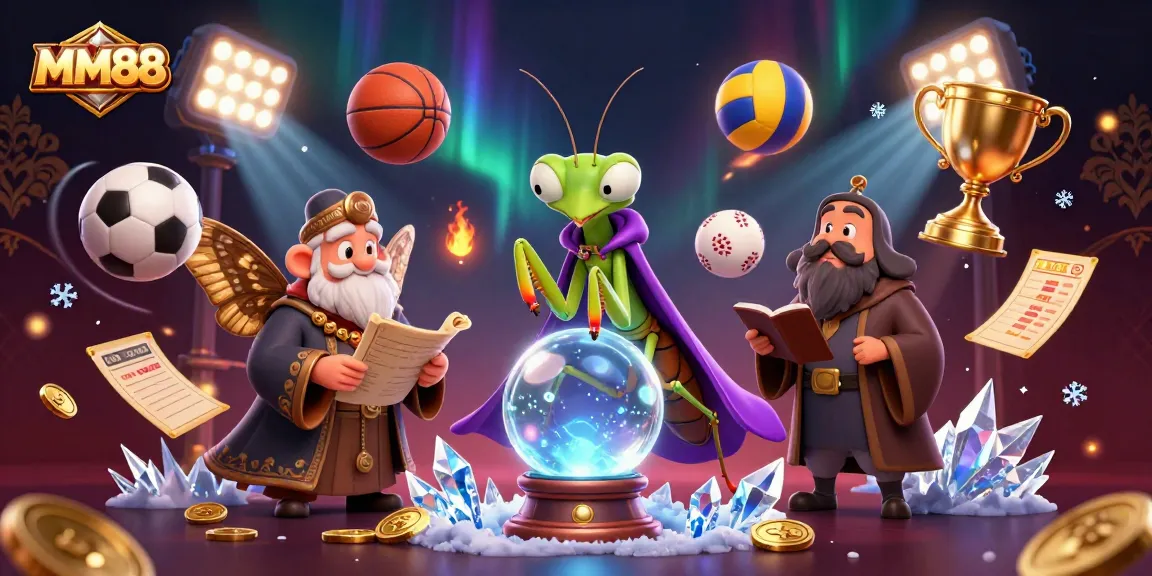 Engage with the MM88 casino experience through a vibrant 3D illustration of fortune-telling and sports action.
