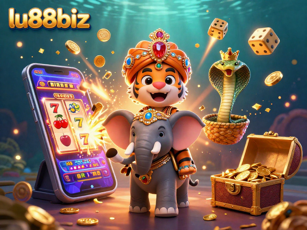 Spin and win at lu88biz with an exciting tiger, elephant, and cobra in a vibrant casino scene.