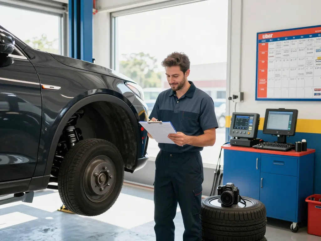 Driver completing a vehicle inspection for Uber at a maintenance shop with a mechanic checking brakes and lights.